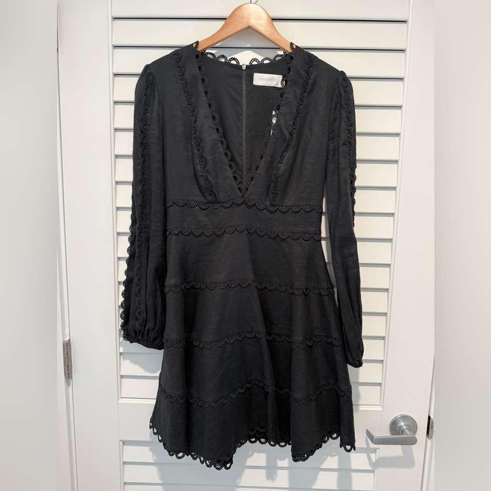 Zimmermann Elegant Black Long Sleeve Linen Mini Dress